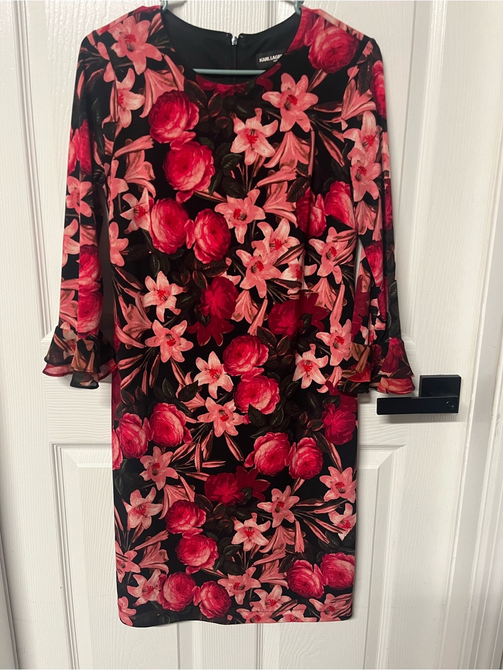 Karl Lagerfeld Paris Red Pink Floral Sheath Dress Long Sleeve Ruffle women sz 2